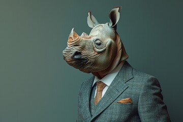 A Sumatran Rhino in a tailored business suit, standing against a soft pastel background, AI Generative