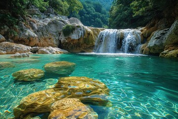 Naklejka premium A tropical waterfall surrounded by dense jungle, with clear water flowing into a small pool. 
