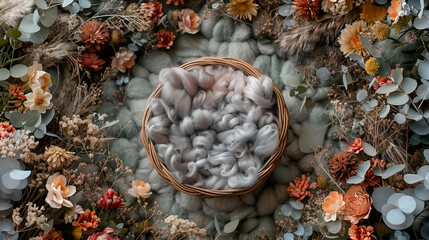 Digital background for newborn photos with empty fluffy round Moses' bed.