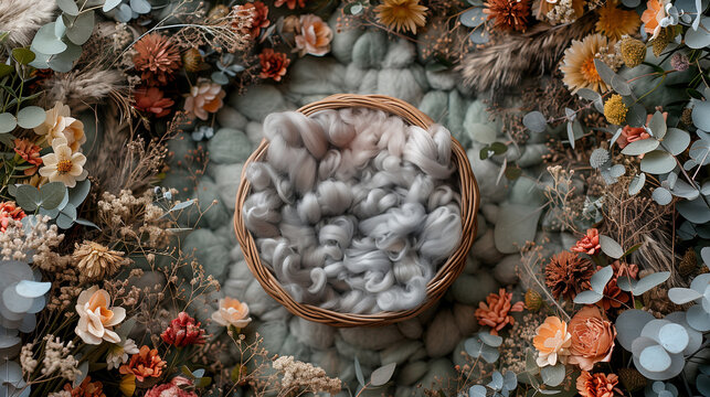 Digital background for newborn photos with empty fluffy round Moses' bed.