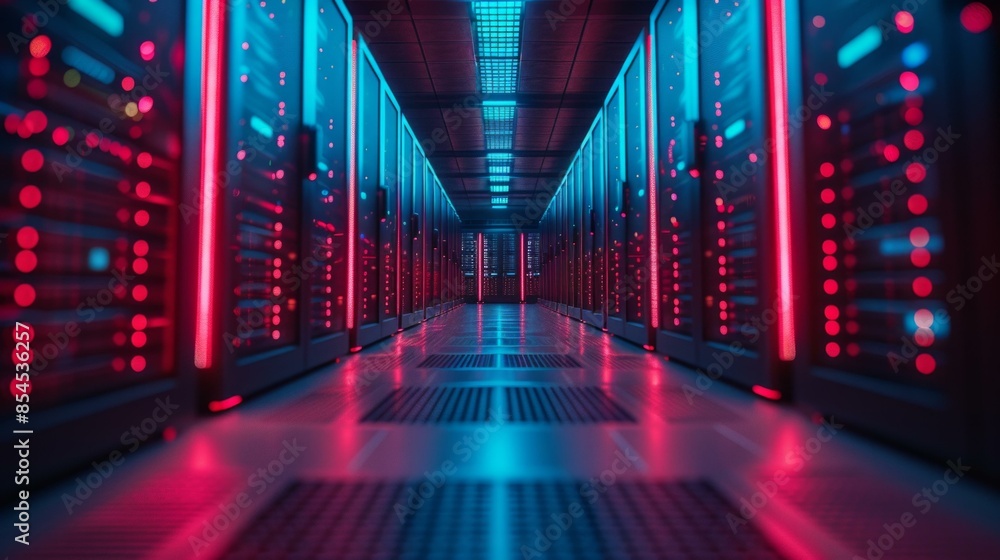 Poster color photo of a data center with large computer racks, ai generative