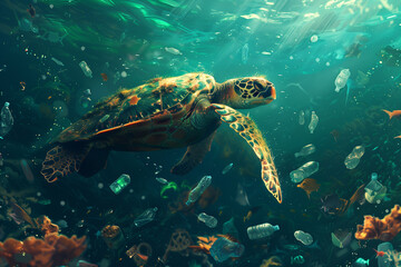 Fototapeta premium Turtle swims near a plastic bottle or bag. The concept of plastic pollution in ocean.
