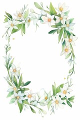 Naklejka premium edelweiss themed frame or border for photos .with small white flowers and green leaves. watercolor illustration, white color background.