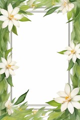 edelweiss themed frame or border for photos .with small white flowers and green leaves. watercolor illustration, white color background.