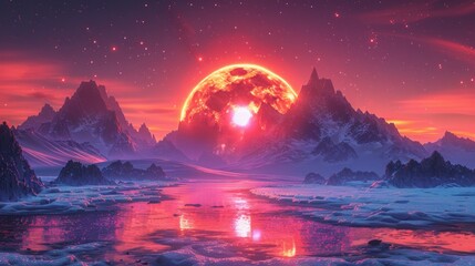 breathtaking futuristic fantasy landscape, vibrant neon lights casting glow on a cold, alien planet, AI Generative
