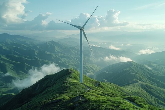 Big windmill on Hailing Island, Yangjiang City, Guangdong Province, China, majestic against a blue sky, landscape view, bright day, AI Generative