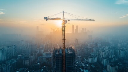 Construction site, yellow crane against blue sky, panoramic mock-up, AI Generative