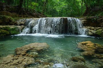 A tropical waterfall surrounded by dense jungle, with clear water flowing into a small pool. 