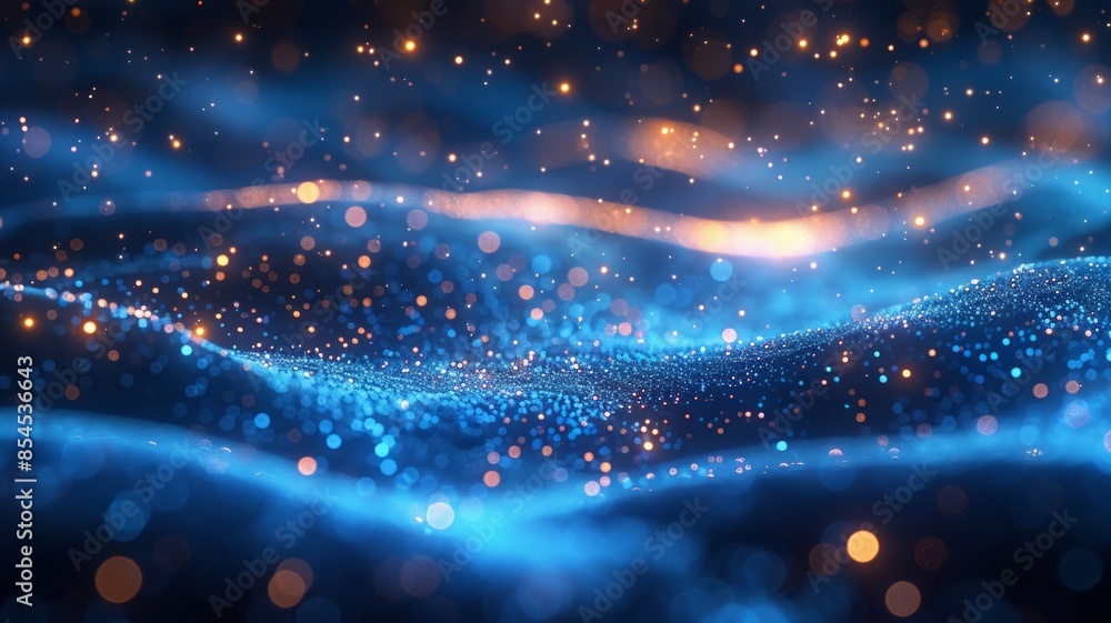 Poster dark blue abstract background with glowing particles, creating a deep space effect, widescreen, shim