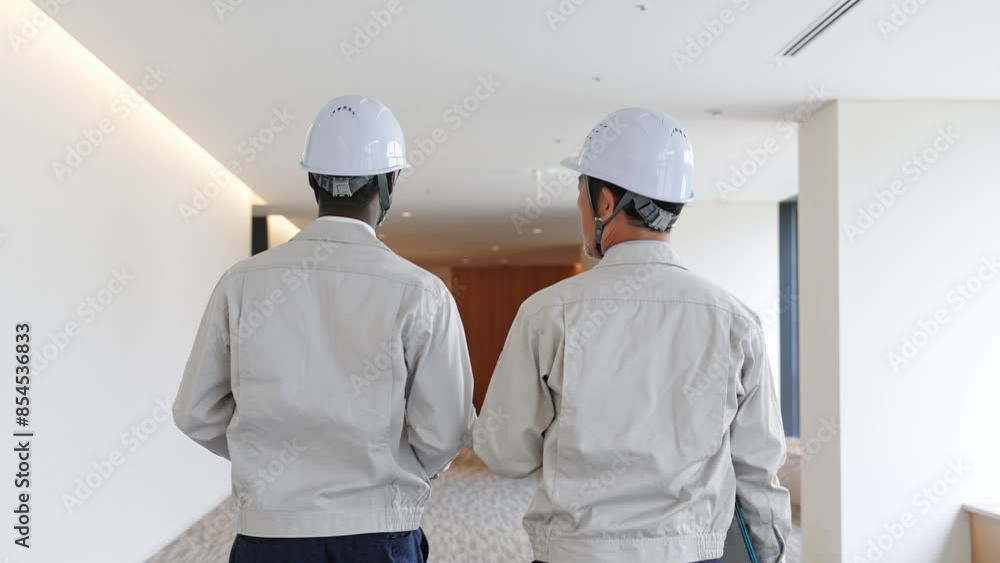 Poster group of multinational engineers walking in a building
