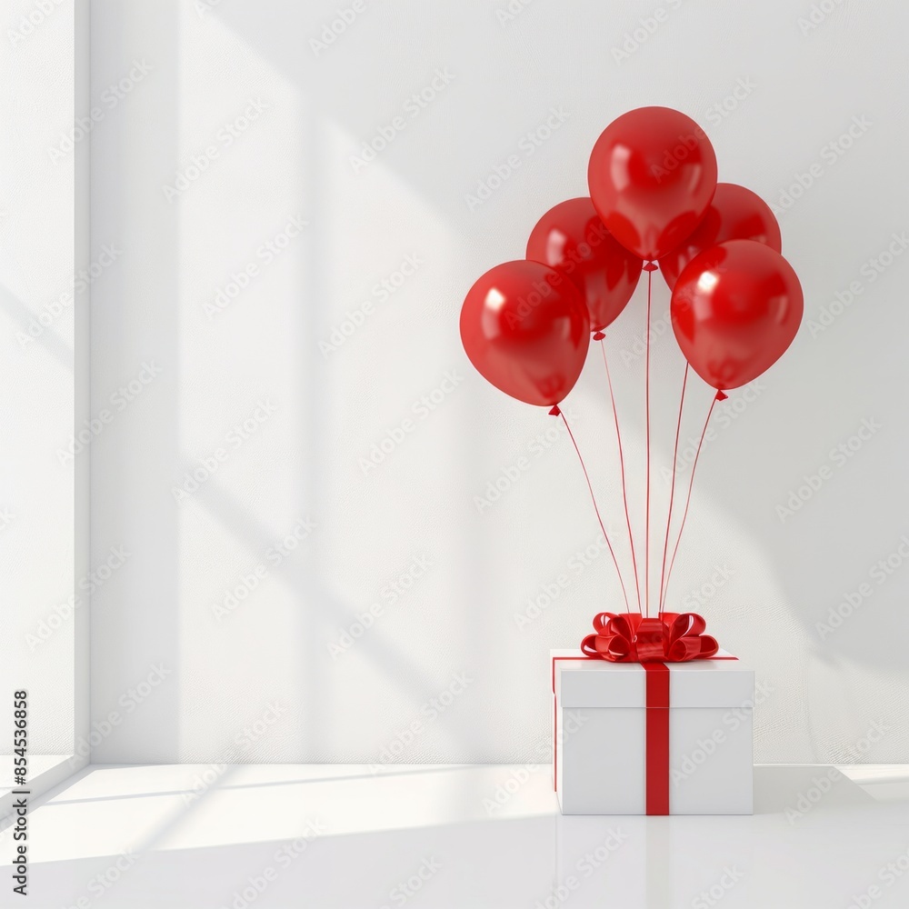 Poster design a 3d icon showcasing a pristine white gift box surrounded by floating red balloons, set in a 