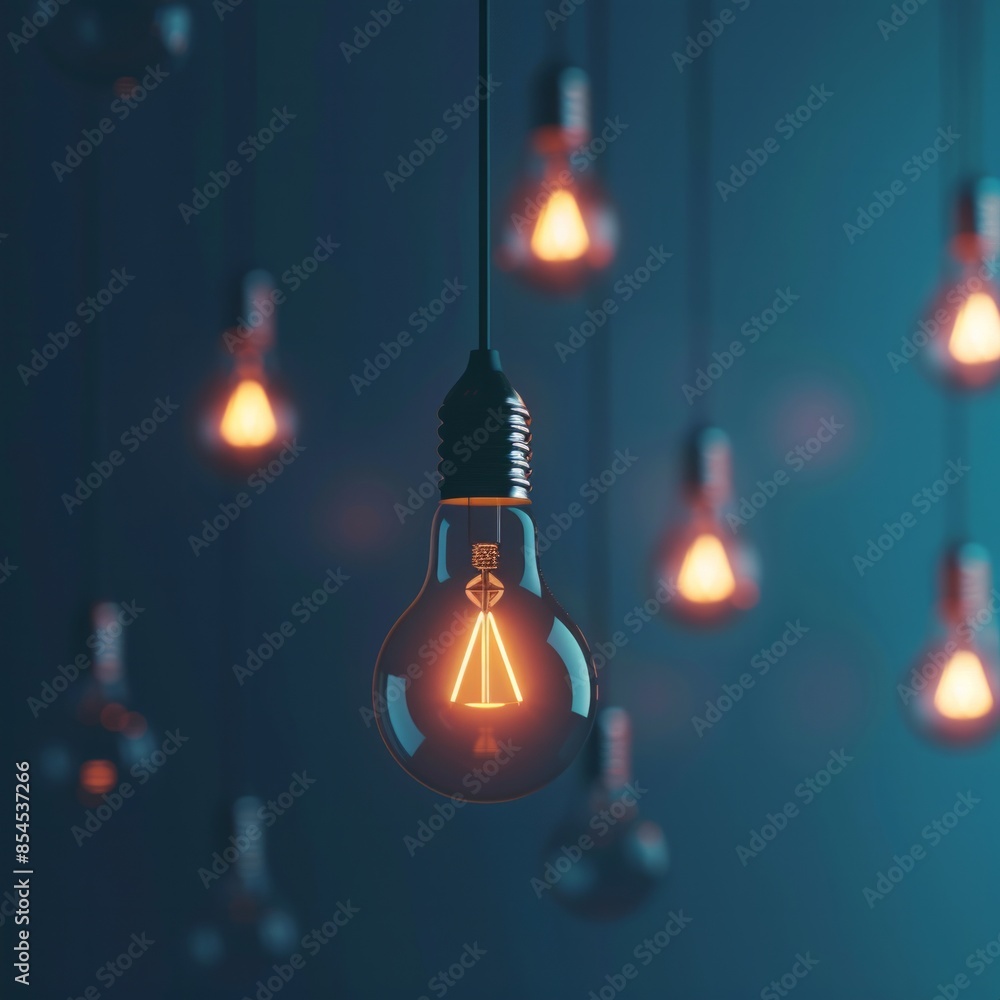 Poster illustrate a 3d rendering of a single glowing light bulb, distinctively hanging and illuminating bri