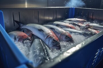 Chilled fish lies in a plastic box, fish processing plant