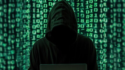 Hacker wear black hoodie at work with a laptop, graphic digital matrix of green numbers and symbols interface background