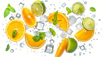 Assorted citrus fruits and leaves arranged on a white background.