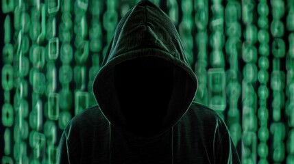 Hacker wear black hoodie at work with a laptop, graphic digital matrix of green numbers and symbols interface background