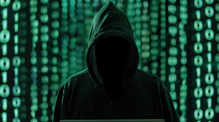 Hacker wear black hoodie at work with a laptop, graphic digital matrix of green numbers and symbols interface background