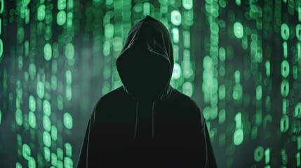 Hacker wear black hoodie at work with a laptop, graphic digital matrix of green numbers and symbols interface background