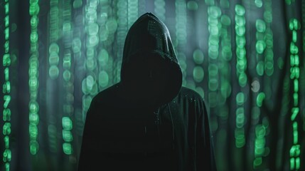 Hacker wear black hoodie at work with a laptop, graphic digital matrix of green numbers and symbols interface background