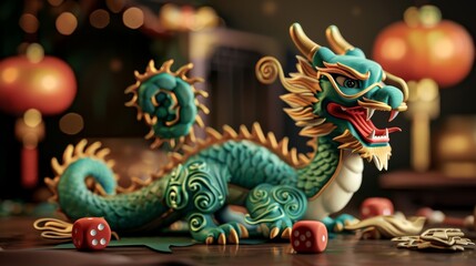 Fototapeta premium Vibrant Chinese Dragon Figurine with Dice and Lanterns, Generative AI