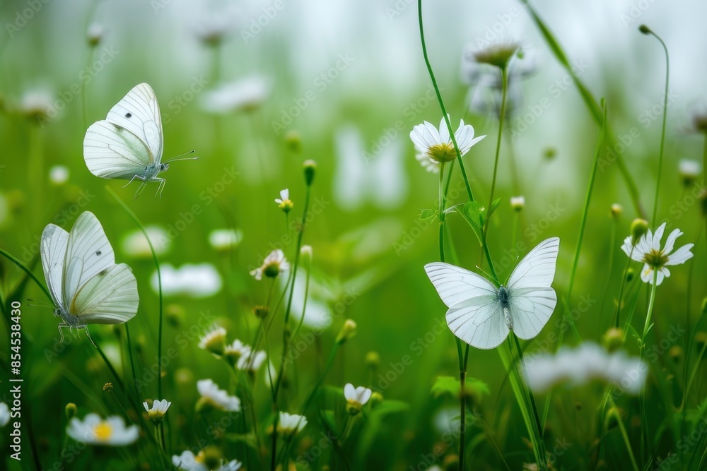 Canvas Prints White flying butterflies flower field green.