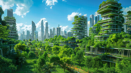 Fototapeta premium Futuristic Sustainable Cityscape with Green Buildings and Parks. Connected Smart City, Cyber Megapolis, Skyscrapers Silhouette, Vibrant Sky. Business, Technology, AI Infrastructure, Urban Development