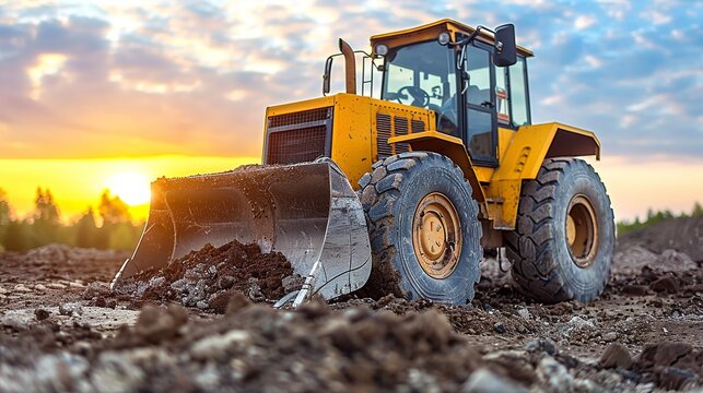 A large yellow tractor with a front-end loader is working on a construction site, digging into the dirt. The sun is setting in the background, creating a warm, golden glow