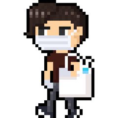 Pixel art cartoon walking man character with mask and hand sanitizer