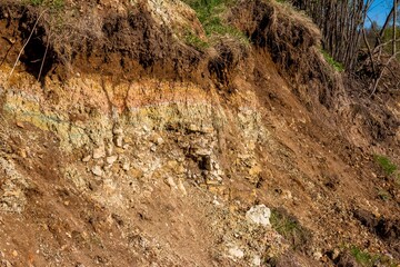 Outcrop of geological rocks. The bedrock is clay and limestone topped with Quaternary deposits. Kaluzhskiy region, Russia
