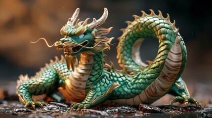 Fototapeta premium Majestic Green Dragon with Golden Accents, Generative AI