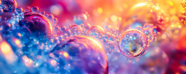 Obraz premium Translucent Soap Bubbles Float in Purple Light, Dreamy Macro Abstract Background. Ethereal Neon Glow, Soft Focus, Fantasy Art, Imagination. Magic, Serenity, Relaxation. Minimal, Trendy Modern Design