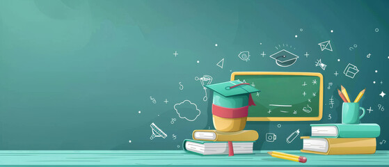 A green chalkboard with a graduation cap, books, a pencil, and a cup of pencils. The chalkboard is filled with chalk drawings of school supplies. Back to school
