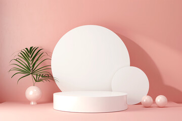 Fototapeta premium 3D geometric forms, Blank podium display in white coral glod color, Minimalist pedestal or showcase scene for present product and mock up