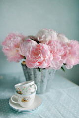 Festive decor on the table with flowers, brunch in rustic style