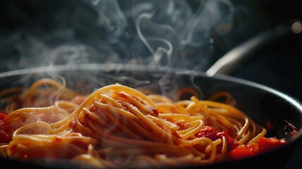 Spaghetti with tomato sauce in a pan on a dark background