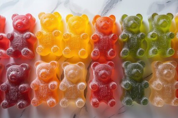 An array of gummy bears in a mix of red, green, yellow, and orange, spread out on a white background. 