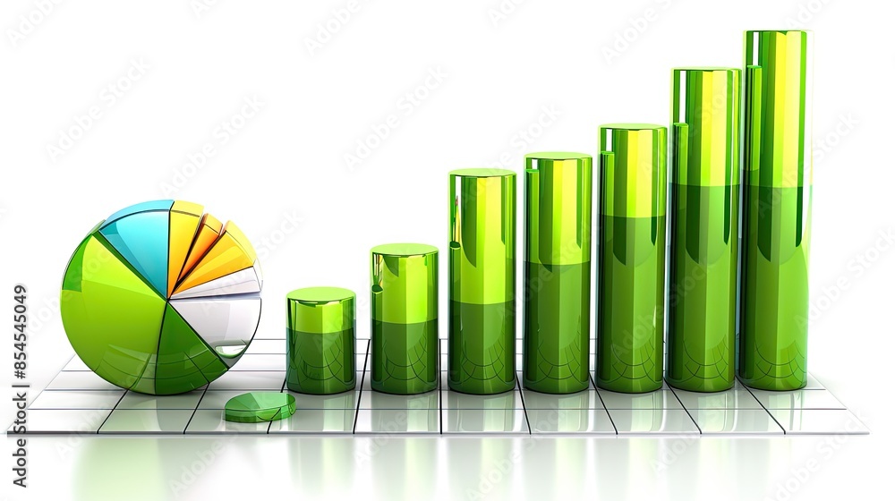 Poster 3d green bar graph and pie chart on reflective surface, symbolizing data analysis, financial growth,