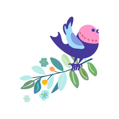 bird perched on a green blue branch, depicted in a charming folk style. Colorful and whimsical design suitable for print, pattern, and poster printing