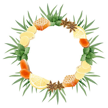 watercolor wreath herbs, fruits, spices clip art preview
