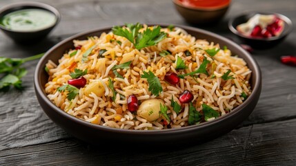 Delicious vegetarian rice dish with fresh herbs and pomegranate seeds