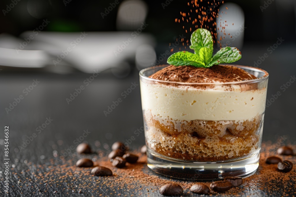 Wall mural Creamy tiramisu dessert with coffee beans and mint leaves - Wall murals