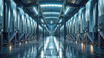 Contemporary brewery facility with rows of steel tanks for beer fermentation and maturation.