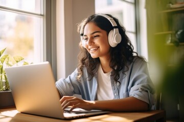 Latin young woman school college student wear headphones learn watching laptop computer learning.