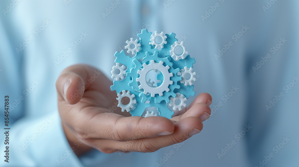 Poster hand showing icon gear process. concept of automation software technology process system business. g