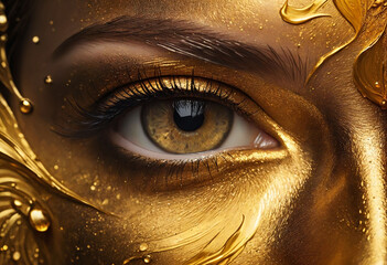 Close-up image showcasing the textures and patterns of a golden oil painting on a face with dynamic...