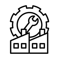 Icon representing industrial production. There is a factory and a wrench and a gear.