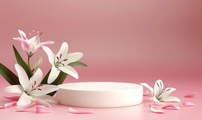 Mock-up with podium on pastel toned background with spring branches with flowers.