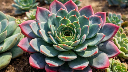 Fototapeta premium Watercolor painting: The distinctive rosette of an echeveria, its drought-tolerant nature and eye-catching appearance a popular garden addition,