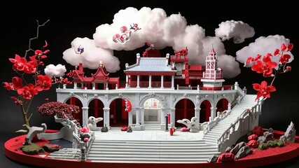 Japanese miniature, sakura and clouds above the building