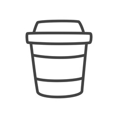 Cute coffee cup icon. Hand drawn monochrome illustration of a disposable paper coffee mug isolated on a white background. Kawaii sticker. Vector 10 EPS.